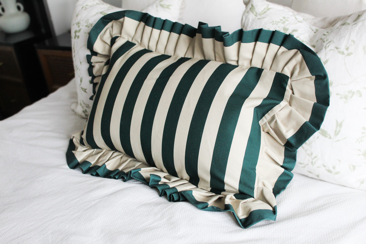 Green floral stripe lumbar pillow cover