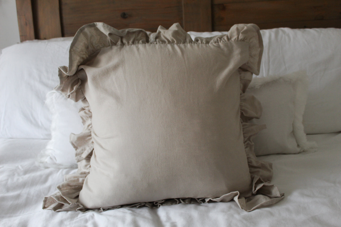 Neutral ruffle linen Cushion with duck feather insert 45x45cm , Neutral frilly throw pillow, Country style cushion