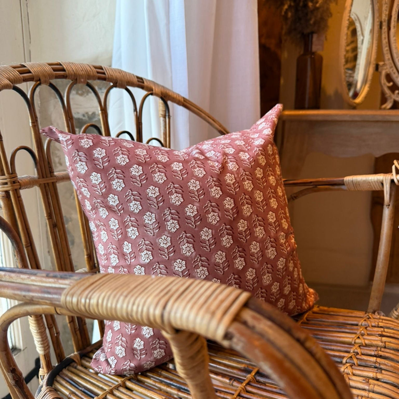 Blush pink floral cotton cushion 45 x 45cm