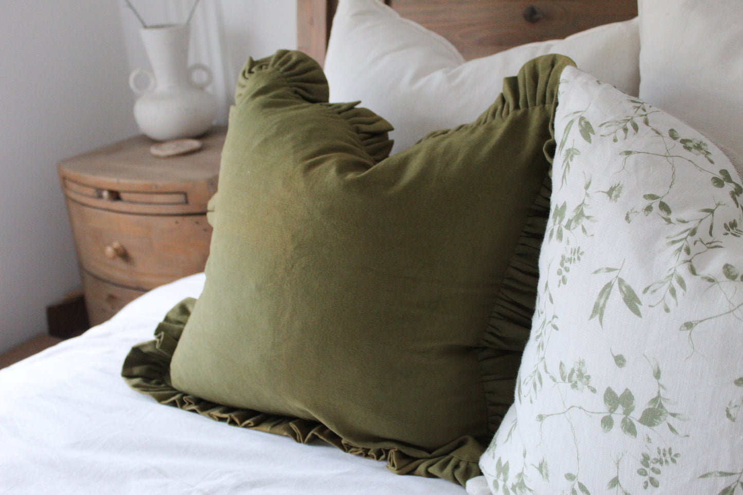 Olive ruffle frill cotton cushion cover 45 x 45xm