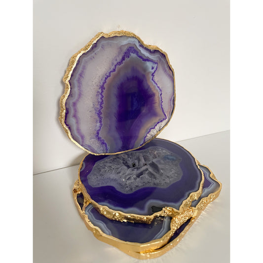 Purple Agate Stone Coasters with Gold Edge