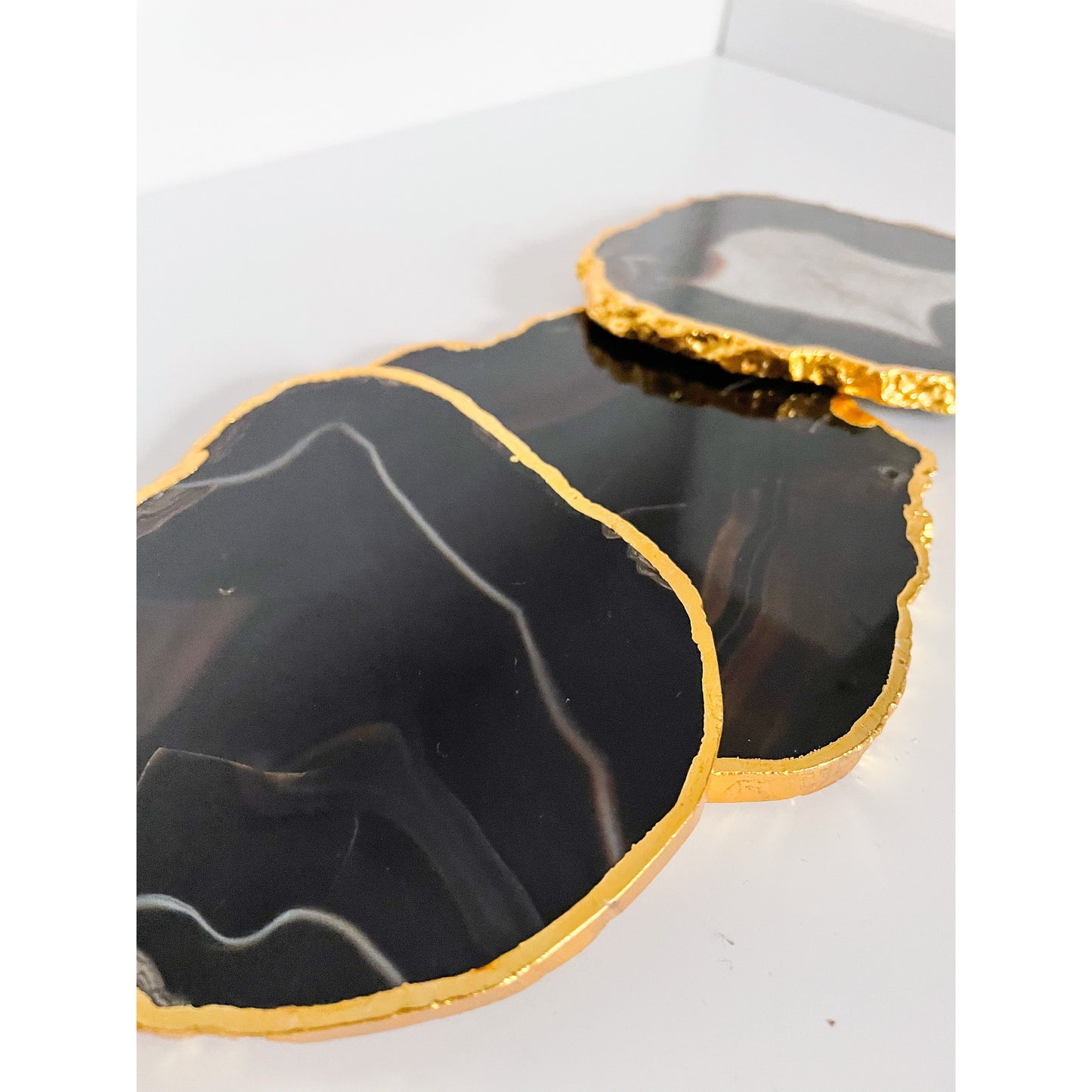 Black/Brown Agate a stone Coasters with Gold Edge