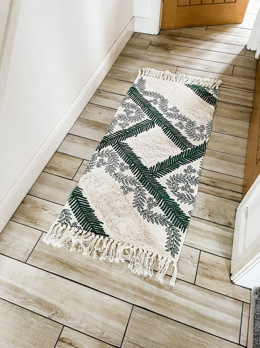 Tufted Hallway Runner in Green with Tassels