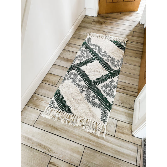 Tufted Hallway Runner in Green with Tassels