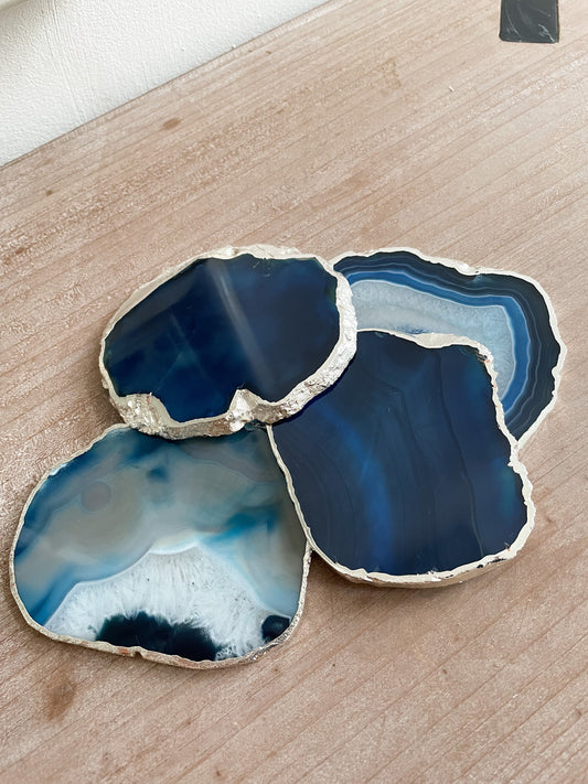 Blue Agate Stone Coasters with Silver Edge