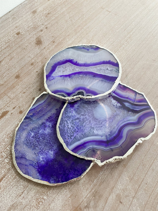 Purple Agate Stone Coasters with Silver Edge