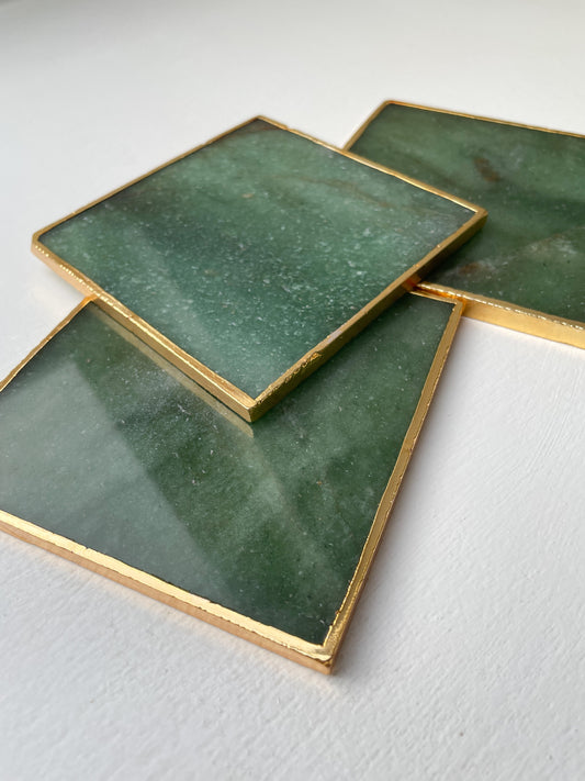 Green and Gold Agate Stone Coasters with Gold Edge