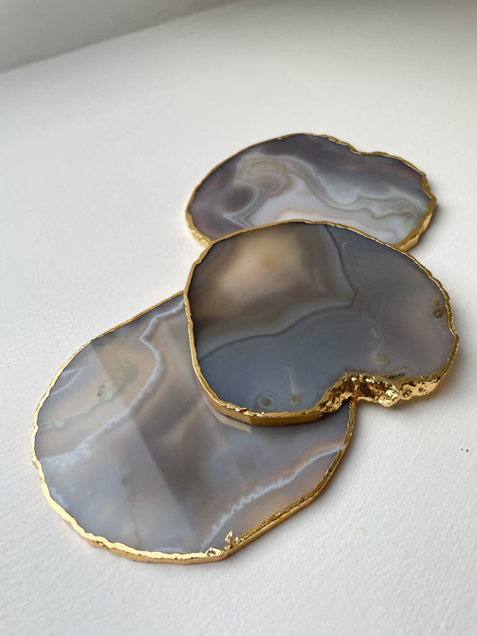 Grey Agate Stone Coasters with Gold Edge