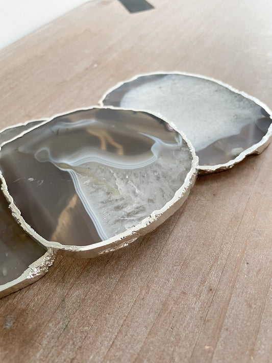 Grey Agate Stone Coasters with Silver Edge