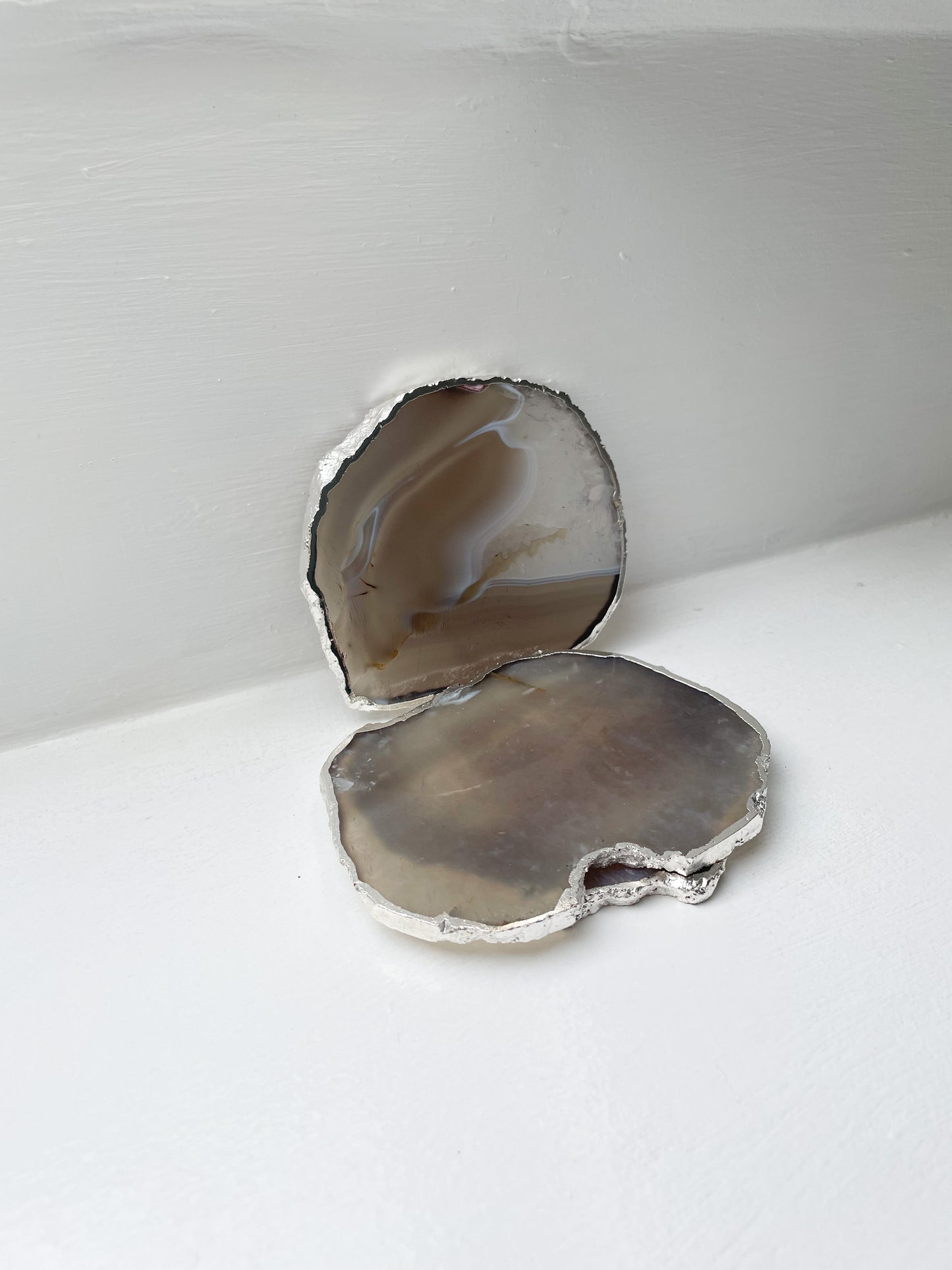 Grey Agate Stone Coasters with Silver Edge