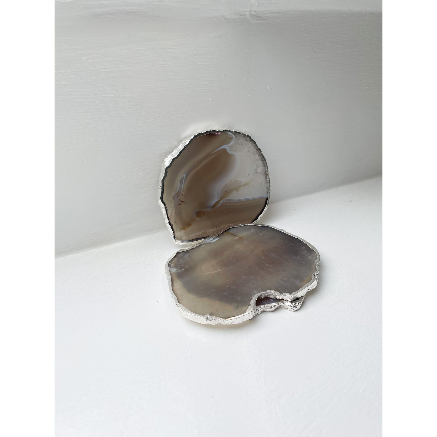 Grey Agate Stone Coasters with Silver Edge