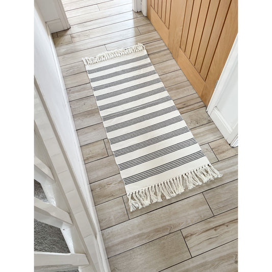 Stripy Black Hallway Runner Tassel Rug - 130 x 60CM