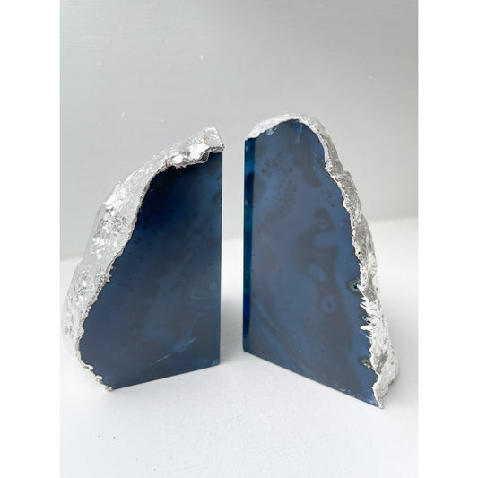 Blue Agate Stone Bookends with Silver Edge