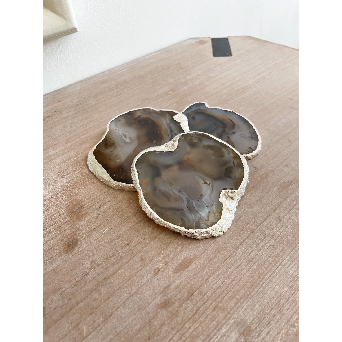 Brown Agate Stone Costers with Silver Edge