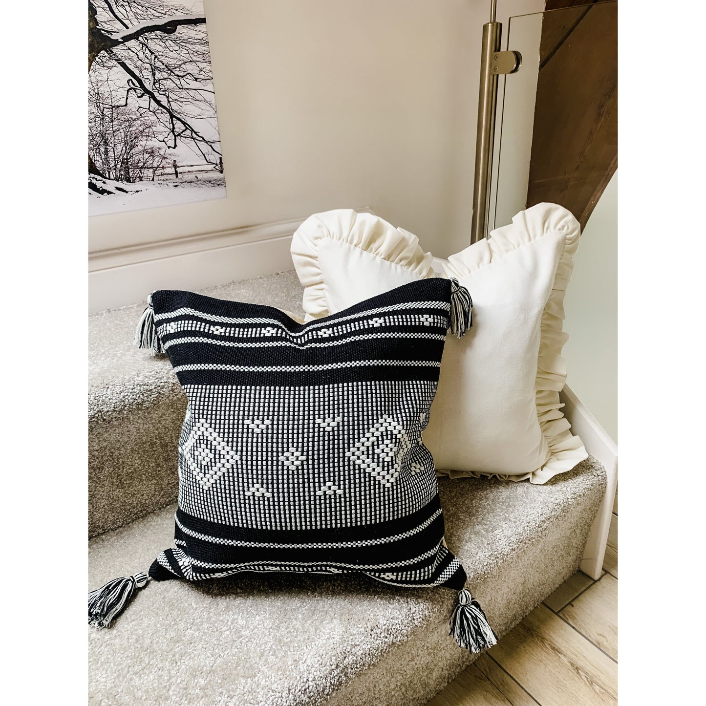 Black and white cotton throw cushion cover 45x45cm decorative tassel pillow case 18x18inch scatter cushions