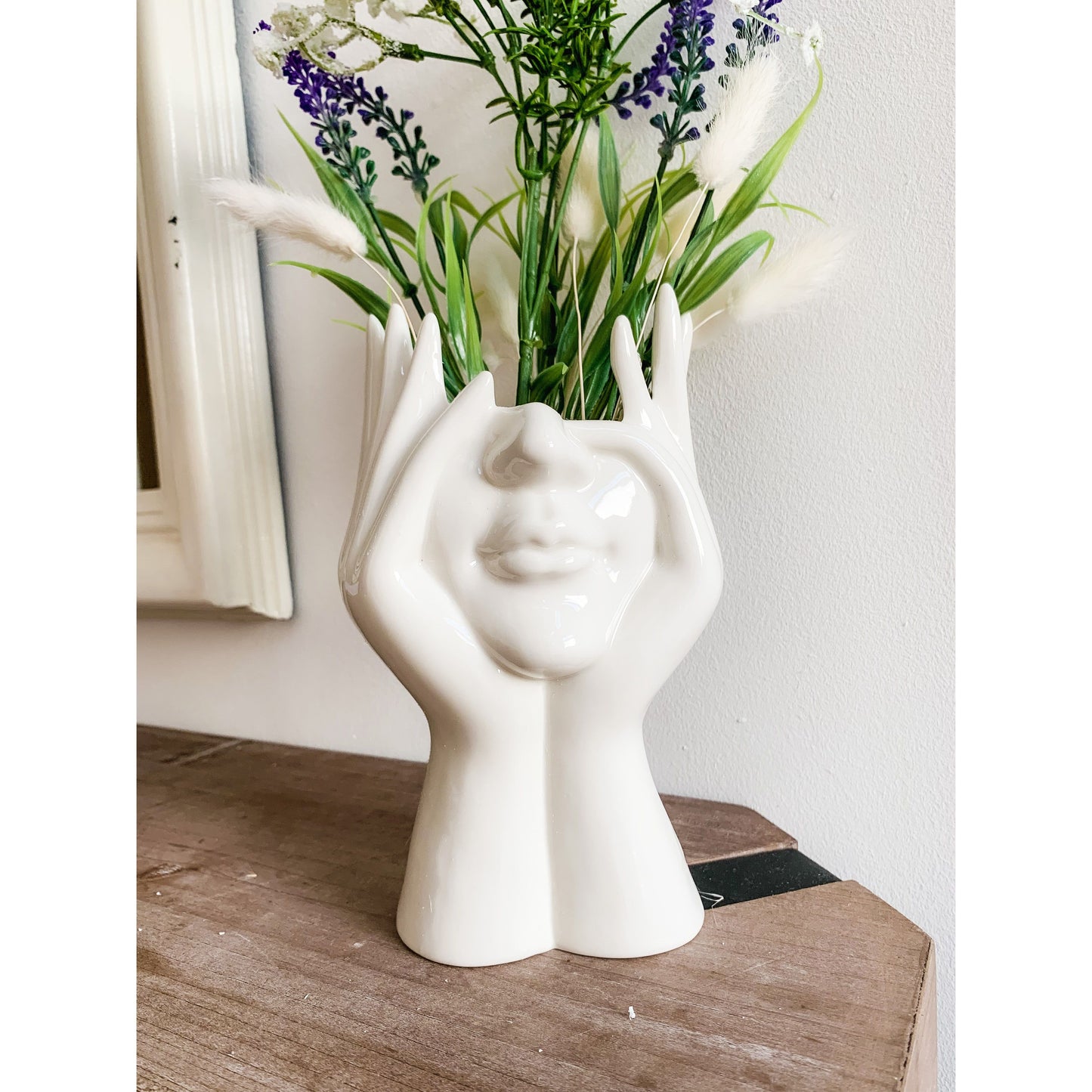 Head in Hand Face Vase in White