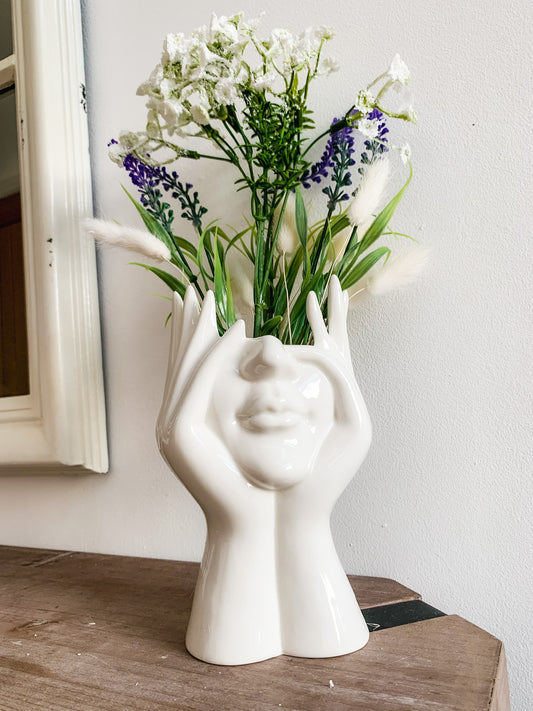 Head in Hand Face Vase in White