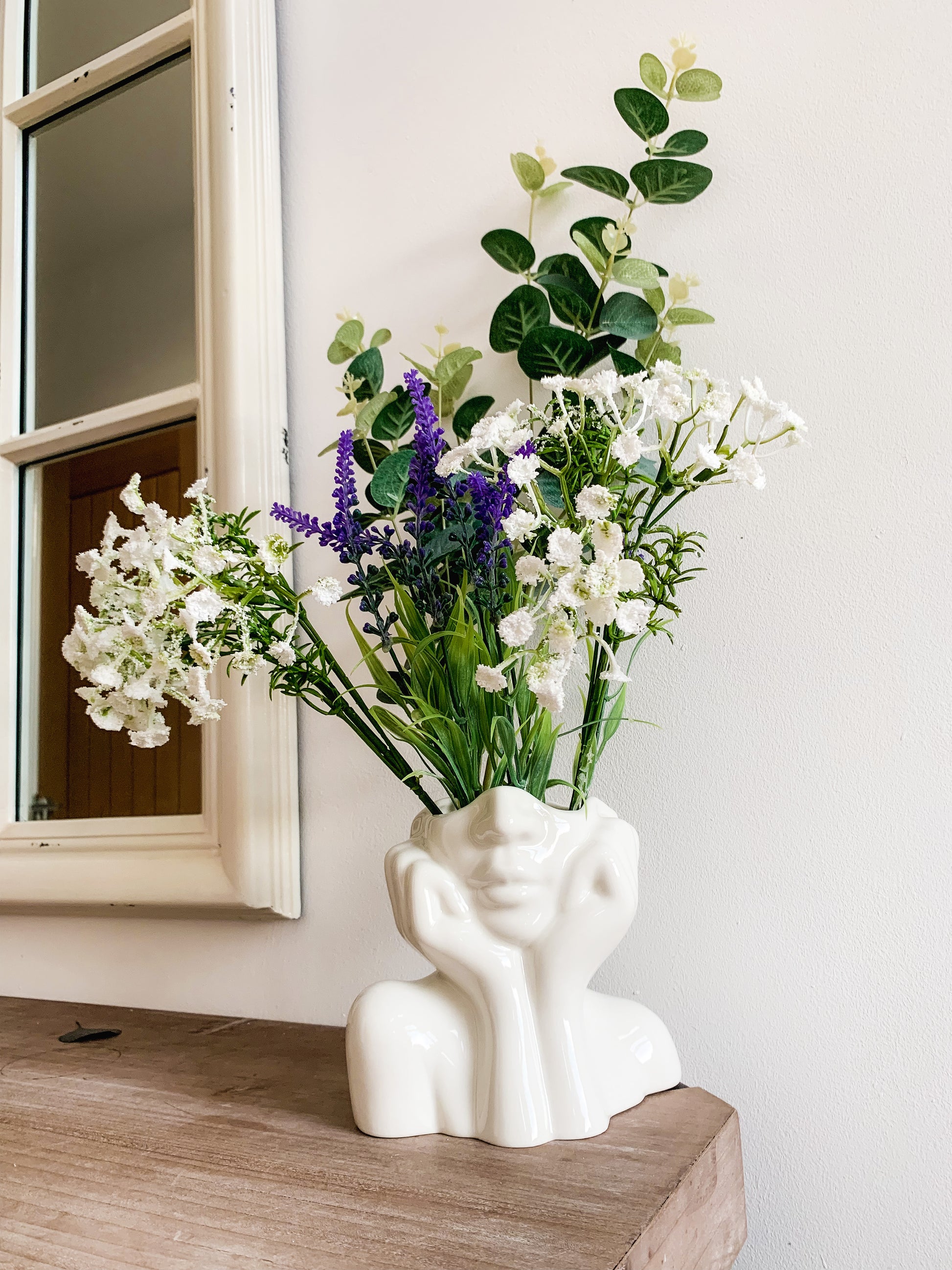 Unique White Ceramic Floral Ceramic Face Vase With Wide Mouth