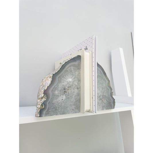 White Agate Stone Bookends With Silver Edge