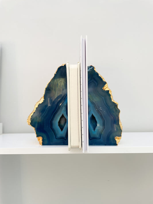 Blue Agate Stone Bookends with Gold Edge