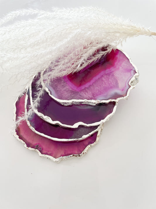 Agate Pink Stone Coasters with Silver Edge
