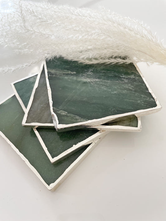 Green Agate Stone Coasters with Silver Edge