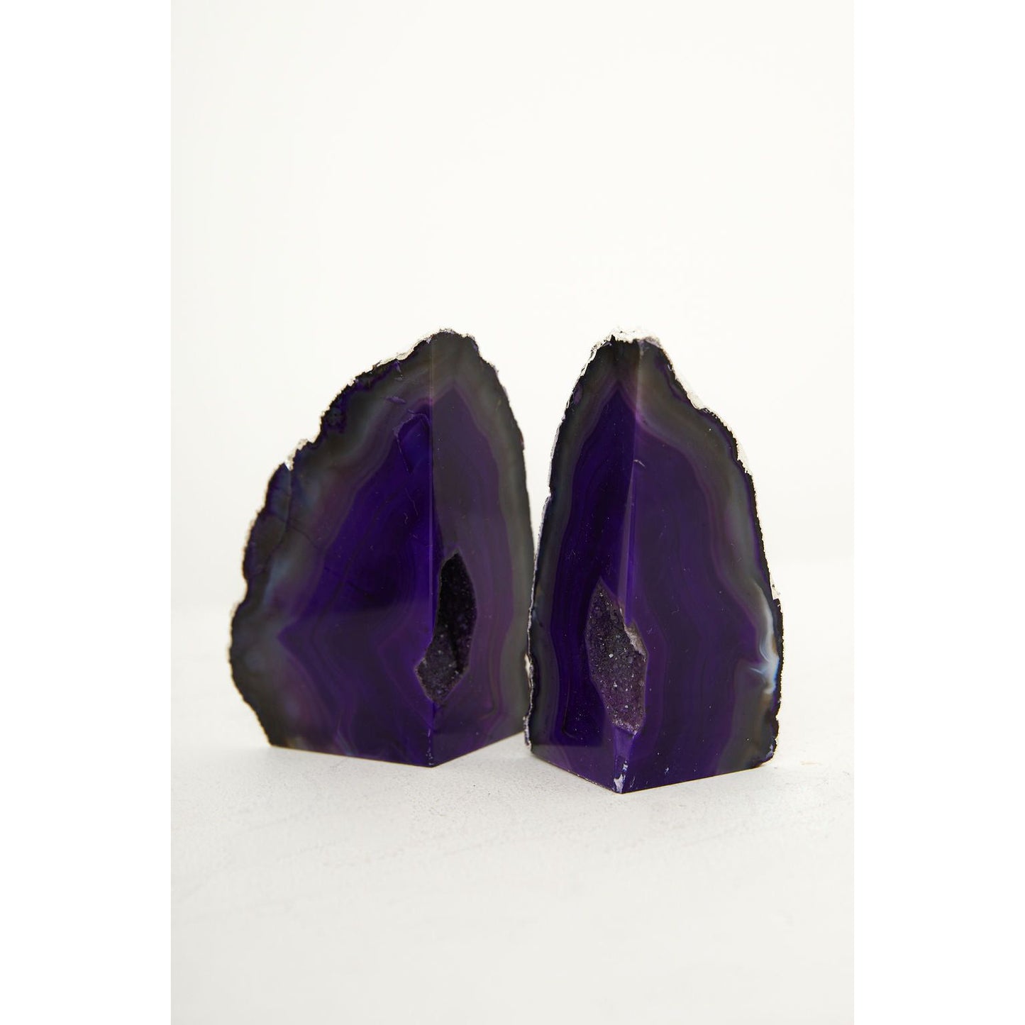 Purple Agate Stone Bookends With Silver Edge